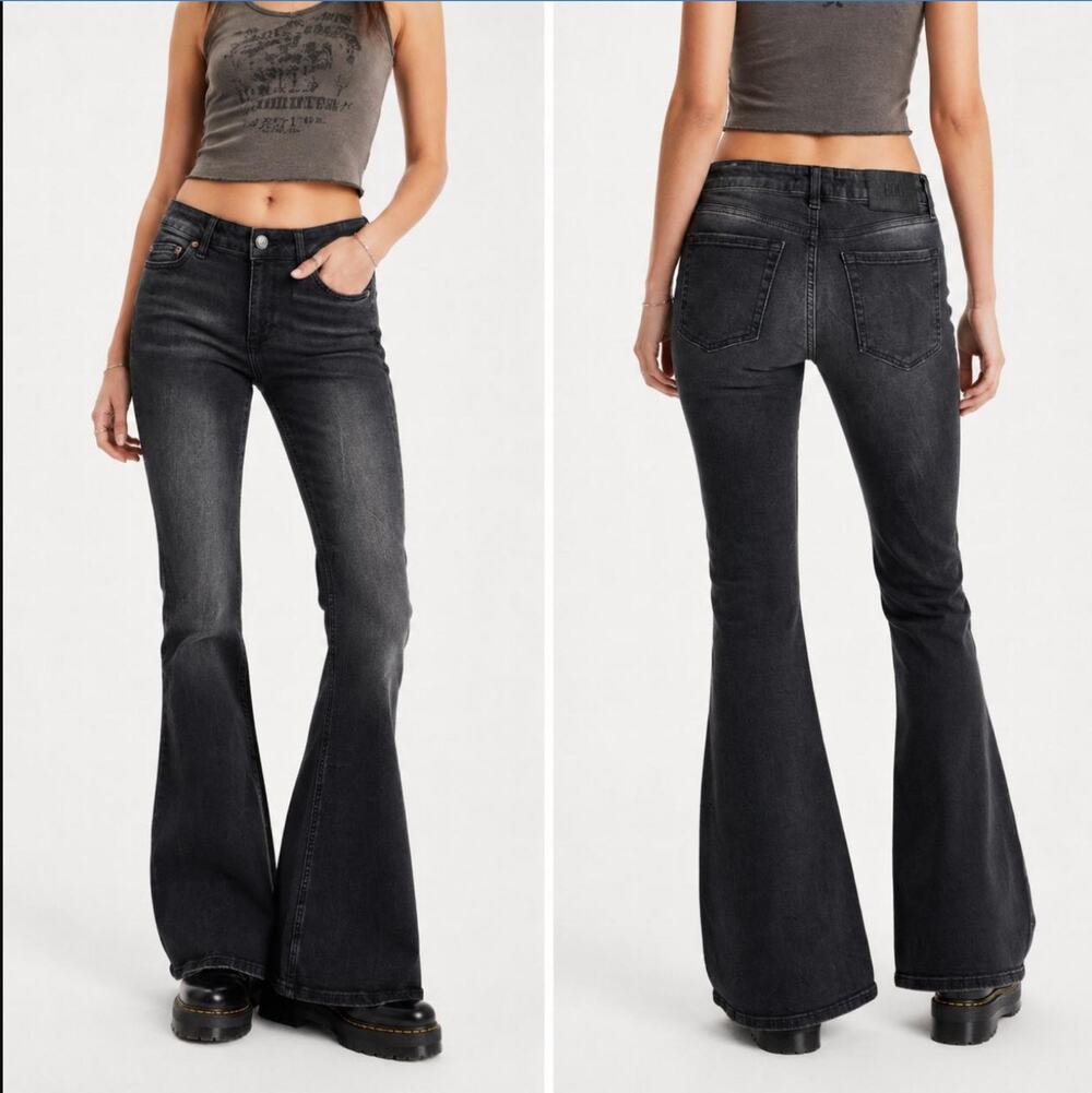 BDG Low Rise Flare Jeans Washed Black gold stitching size 31